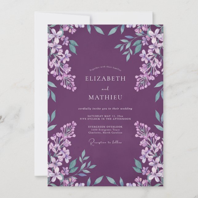 Convite Casamento Floral Suave de Ameixa e Salva (Frente)