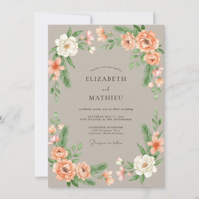 Convite Casamento Floral Suave de Coral (Frente)