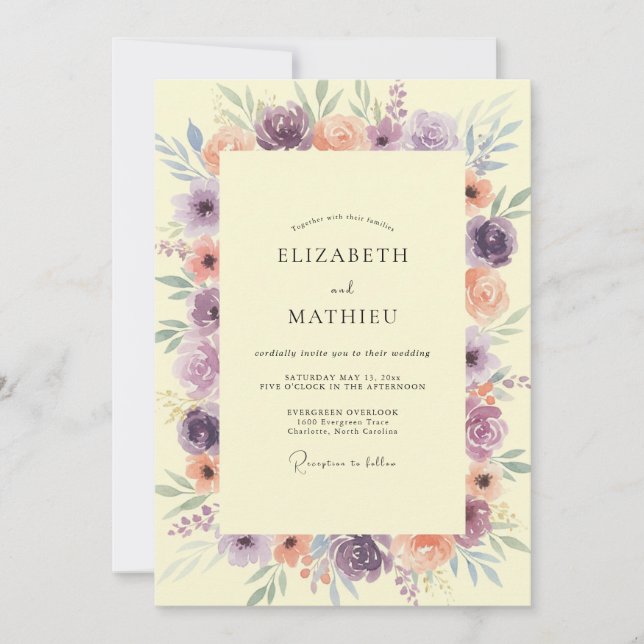 Convite Casamento Floral Suave de Lavanda e Pêssego (Frente)