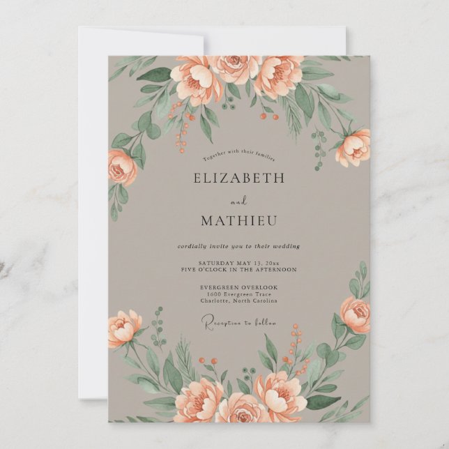 Convite Casamento Floral Suave de Pêssego (Frente)
