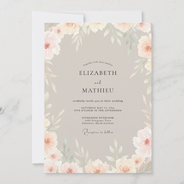 Convite Casamento Floral Suave de Pêssego Champagne (Frente)