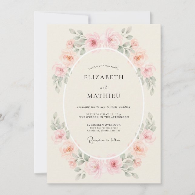 Convite Casamento Floral Suave de Pêssego Romance (Frente)