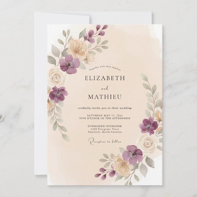Convite Casamento Floral Suave de Romance de Ameixa (Frente)