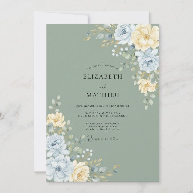 Convite Casamento Floral Suave em Amarelo Sage (Frente)