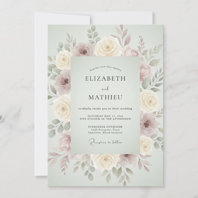 Convite Casamento Floral Suave em Verde Sage (Frente)