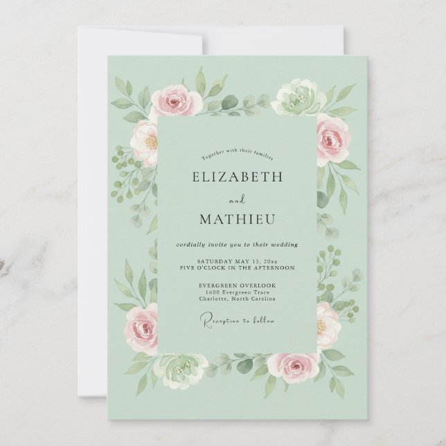Convite Casamento Floral Suave Embrulho de Hortelã (Frente)
