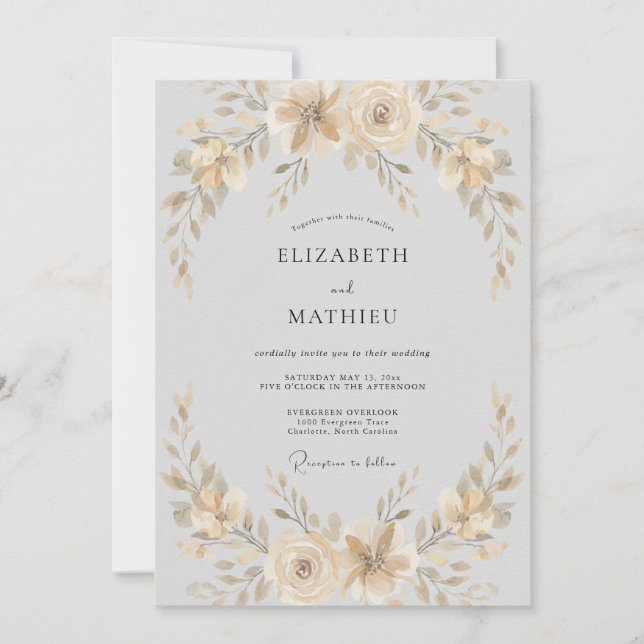 Convite Casamento Floral Suave Marfim (Frente)