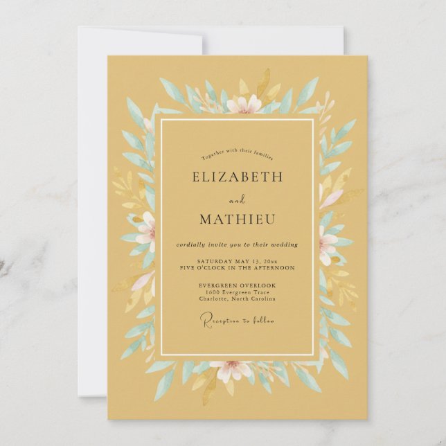 Convite Casamento Floral Suave Romance Mostarda (Frente)