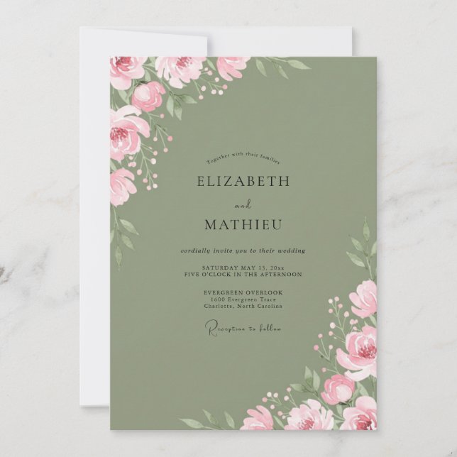 Convite Casamento Floral Suave Rosa Musgo (Frente)