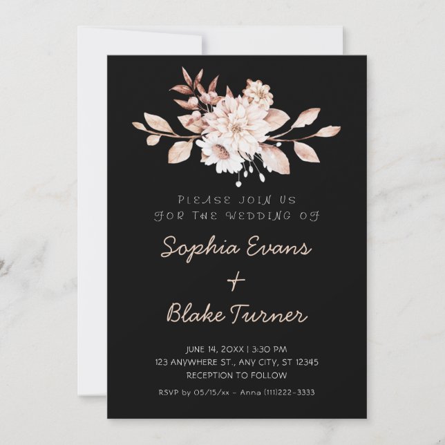 Convite Casamento Floral Suave Rústico Moderno Preto (Frente)