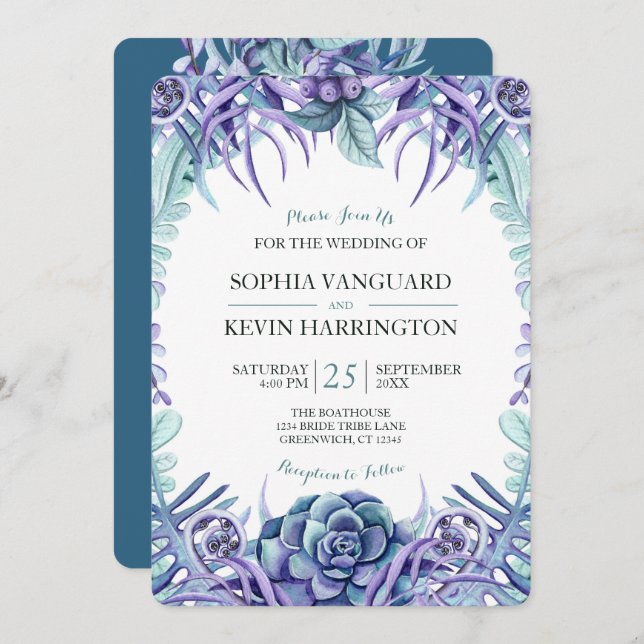 Convite Casamento Floral Suculente de Molereca Roxa Elegan (Frente/Verso)