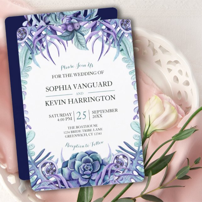 Convite Casamento Floral Suculente de Molereca Roxa Elegan (ELEGANT PURPLE WATERCOLOR SUCCULENT WEDDING INVITATION)
