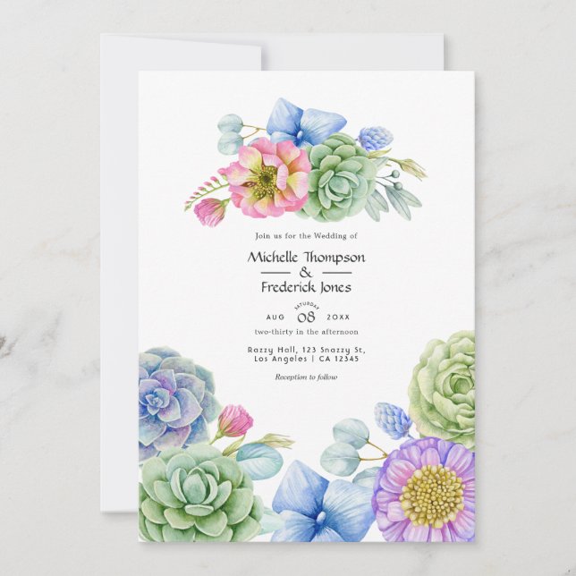 Convite Casamento Floral Suculento da Moda (Frente)