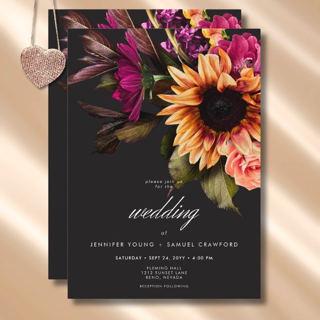 Convite Casamento Floral Sunset Elegante de Vibrante Solar (Elegant Moody Vibrant Sunset Floral Invitation)