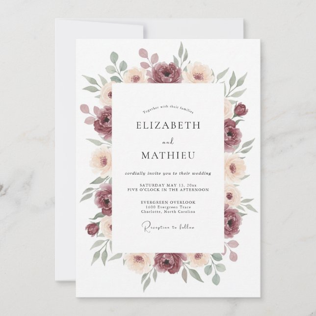 Convite Casamento Floral Suntuoso Borgonha (Frente)