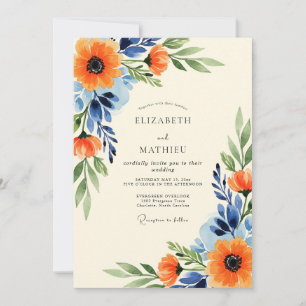 Convite Casamento Floral Suntuoso Laranja Azul-Marinho