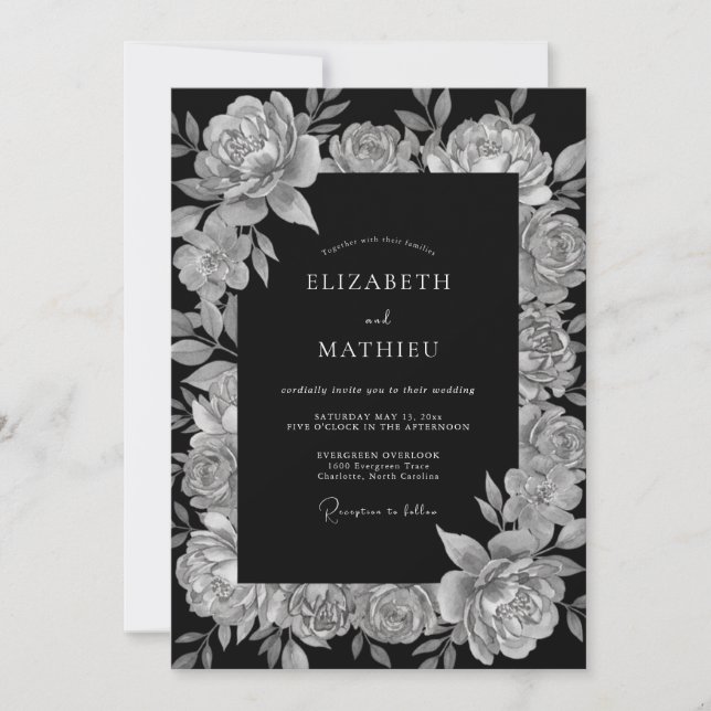 Convite Casamento Floral Suntuoso Preto (Frente)