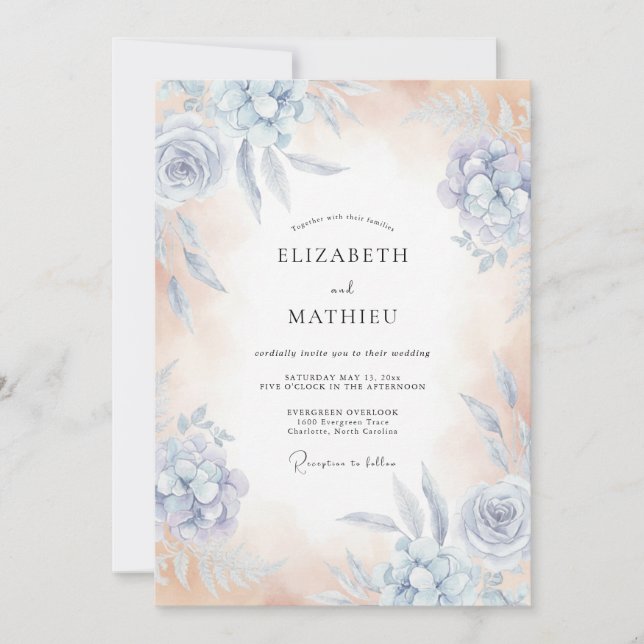 Convite Casamento Floral Sussurrante Azul Céu (Frente)