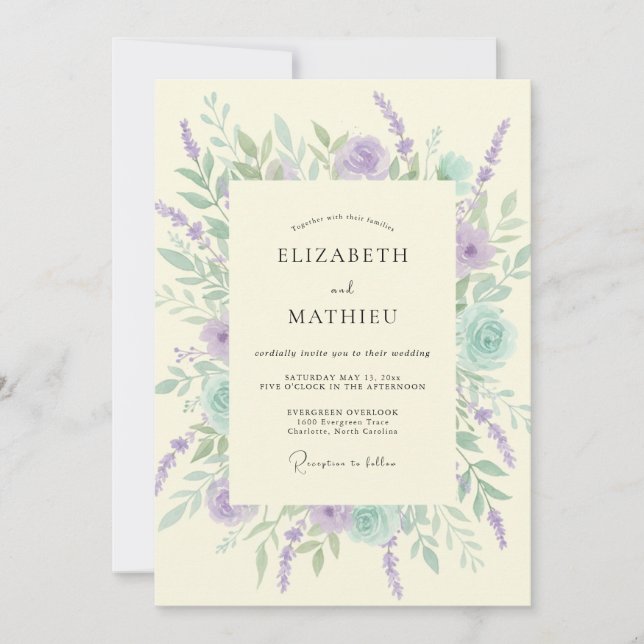 Convite Casamento Floral Sussurrante de Lavanda Menta (Frente)
