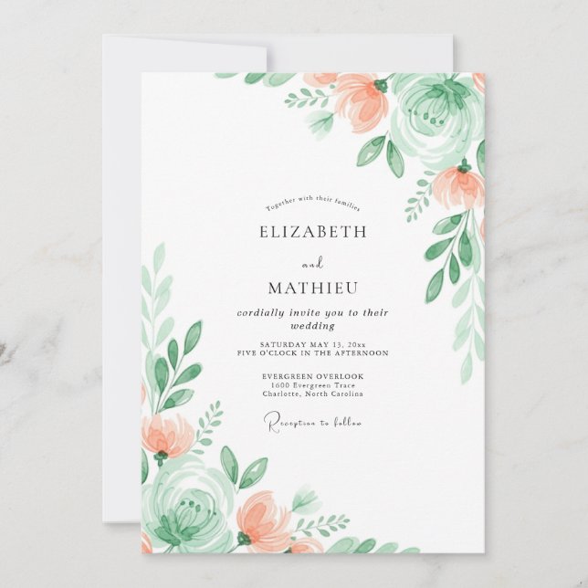 Convite Casamento Floral Sutil Verde Menta (Frente)