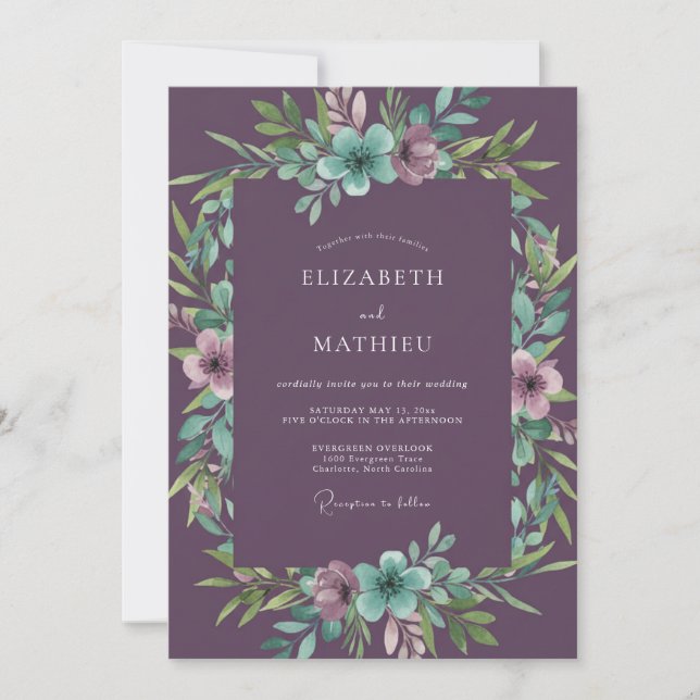 Convite Casamento Floral Teal Deep Purple (Frente)