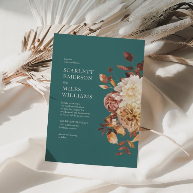 Convite Casamento Floral Teal Modern Fall Terracotta (Teal Modern Fall Terracotta Floral Wedding Invitation by Painted Paperie
)