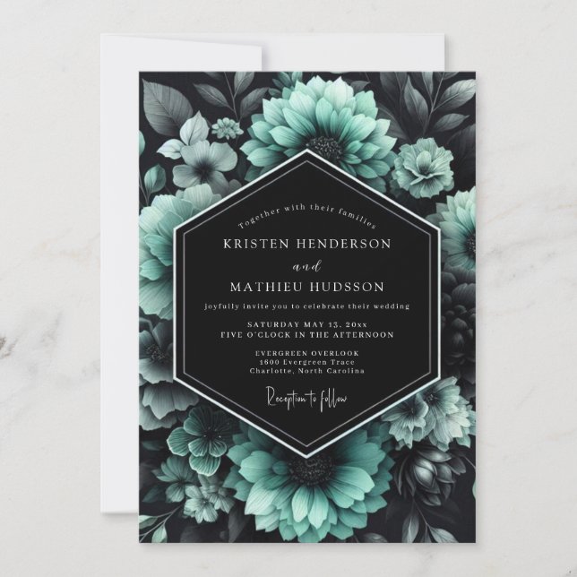 Convite Casamento Floral Teal Noir (Frente)