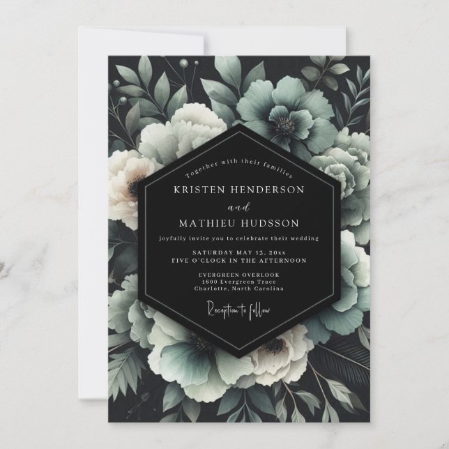 Convite Casamento Floral Teal Noir (Frente)