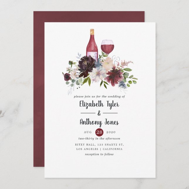 Convite Casamento Floral Temático com Vinho Borgonha e Blu (Frente/Verso)