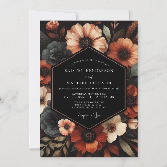 Convite Casamento Floral Temperamental com Terracota e Ard (Frente)