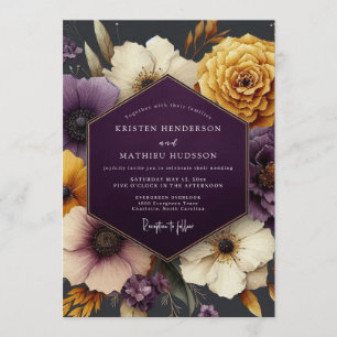 Convite Casamento Floral Temperamental de Ameixa e Dourado