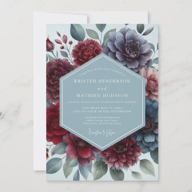 Convite Casamento Floral Temperamental em Ardósia Borgonha (Frente)