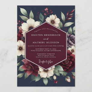 Convite Casamento Floral Temperamental em Burgundy e Azul