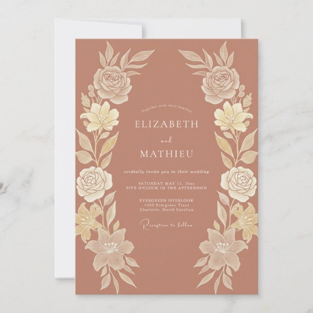 Convite Casamento Floral Terracota Chic (Frente)