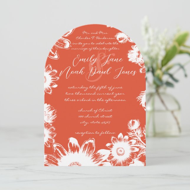 Convite Casamento Floral Terracota Coral (Em pé/Frente)