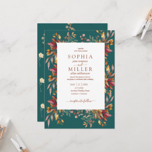 Convite Casamento Floral Terracota em Aquarela Azul Turque