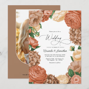 Convite Casamento Floral Terracota, Mocha e Champagne