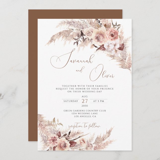 Convite Casamento Floral Terracotta Bohemian Pampas Grass (Frente/Verso)