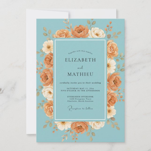 Convite Casamento Floral Terroso Azul Céu (Frente)