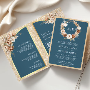 Convite Casamento Floral Terroso Azul Pó Beige Pampas