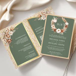 Convite Casamento Floral Terroso Bege das Pampas em Verde 