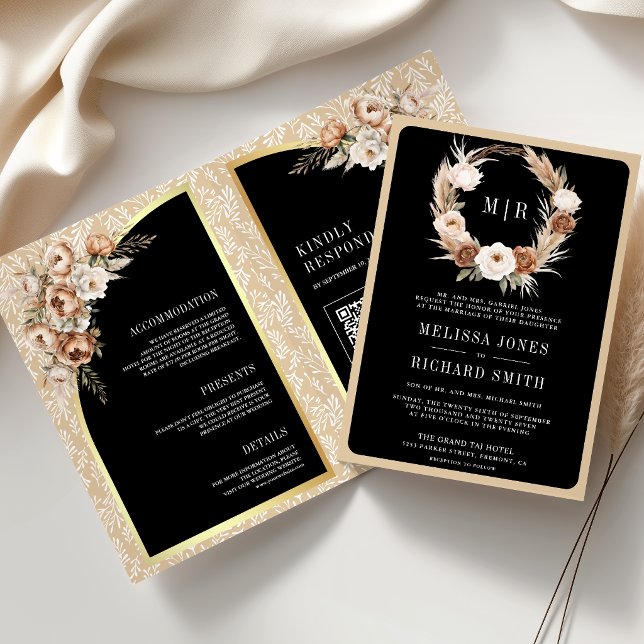 Convite Casamento Floral Terroso Bege Pampas Preto (Criador carregado)