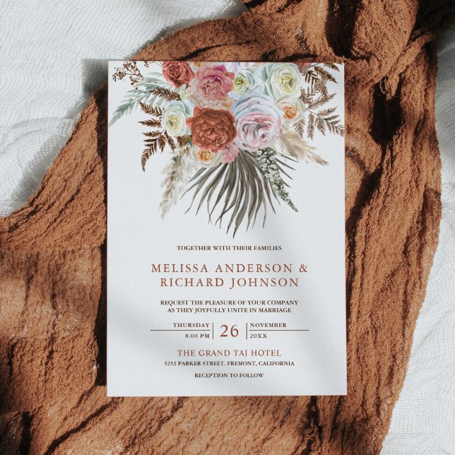 Convite Casamento Floral Terroso de Grama Pampas Boho Terr (Criador carregado)