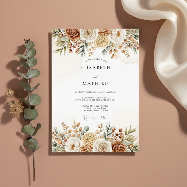 Convite Casamento Floral Terroso de Ócre (Criador carregado)