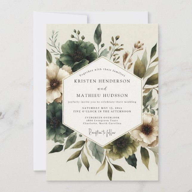 Convite Casamento Floral Terroso em Hunter Verde (Frente)