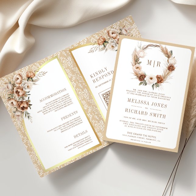 Convite Casamento Floral Terroso Neutro Bege Boho Pampas (Criador carregado)