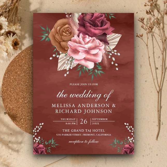 Convite Casamento Floral Terroso Rosa Canela Boho Rústico (Criador carregado)
