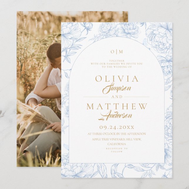 Convite Casamento Floral Toile Azul Francês  (Frente/Verso)