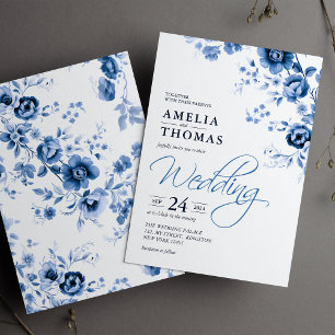 Convite Casamento Floral Toile Azul Francês com Letra Eleg
