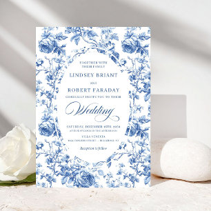 Convite Casamento Floral Toile de Jouy Azul Real Refinado